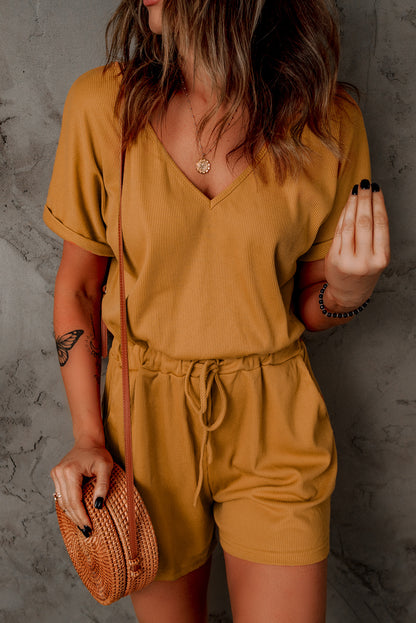 Ribbed Elastic Drawstring Waist Romper