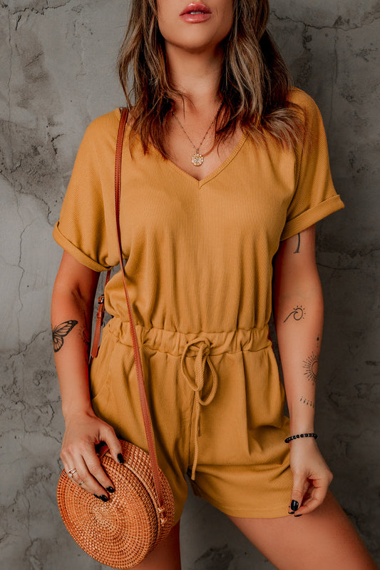 Ribbed Elastic Drawstring Waist Romper