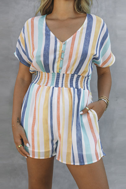 Striped V Neck Pocketed Romper