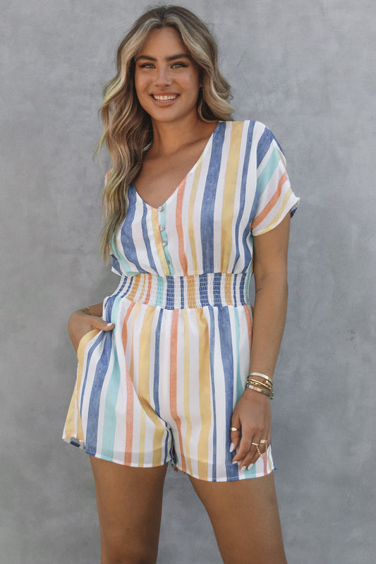 Striped V Neck Pocketed Romper