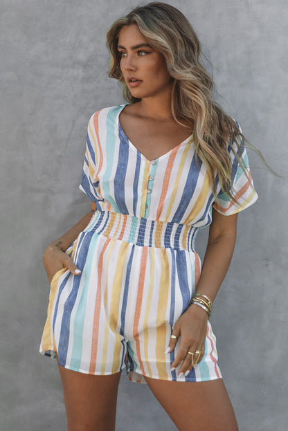 Striped V Neck Pocketed Romper