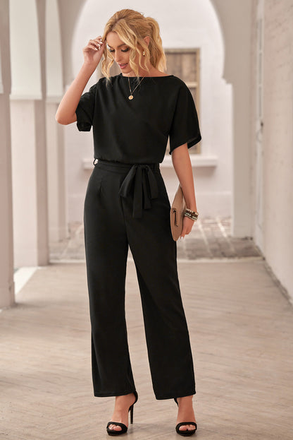 Black Dolman Sleeve Belted Straight Leg Jumpsuit
