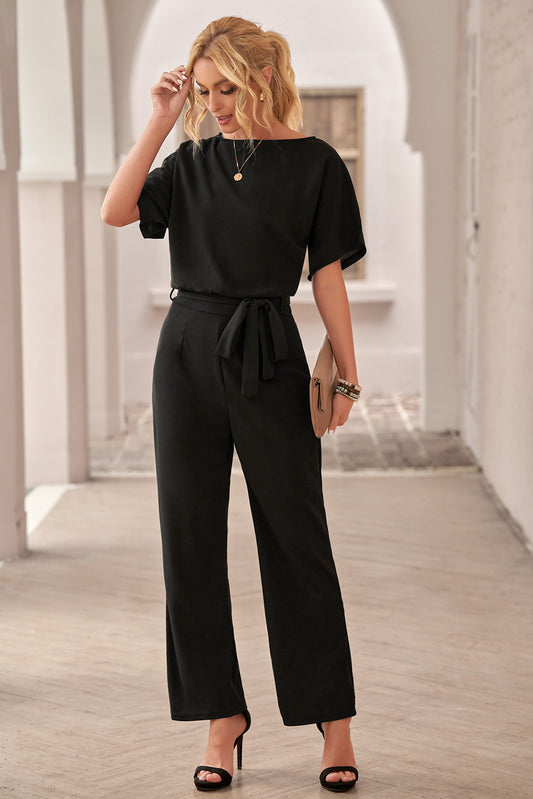 Black Dolman Sleeve Belted Straight Leg Jumpsuit