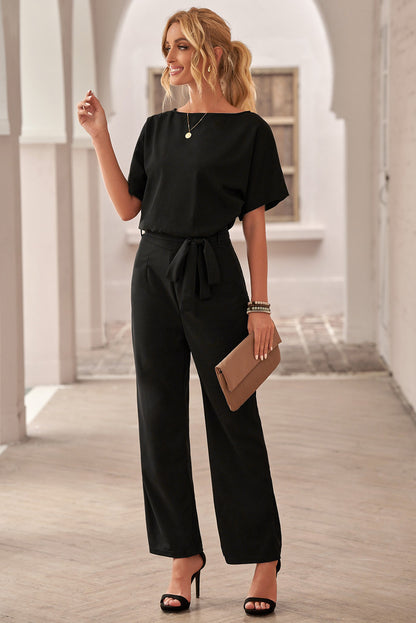 Black Dolman Sleeve Belted Straight Leg Jumpsuit