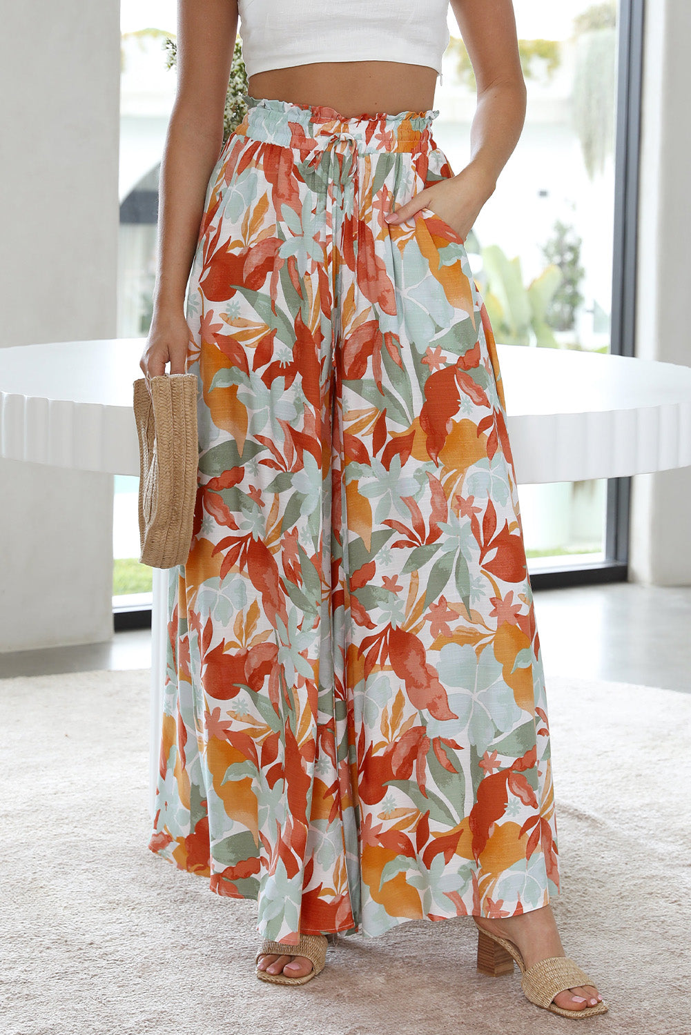 Floral Shirred High Waist Wide Leg Pants