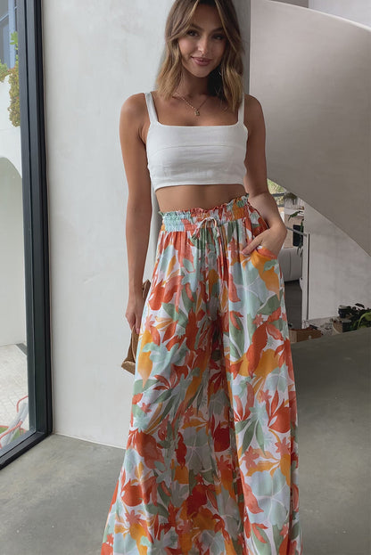 Floral Shirred High Waist Wide Leg Pants