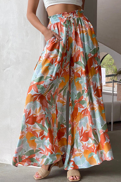 Floral Shirred High Waist Wide Leg Pants