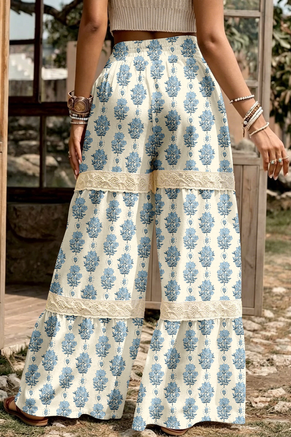 Floral Print Lace Patchwork Detail Wide Leg Pants