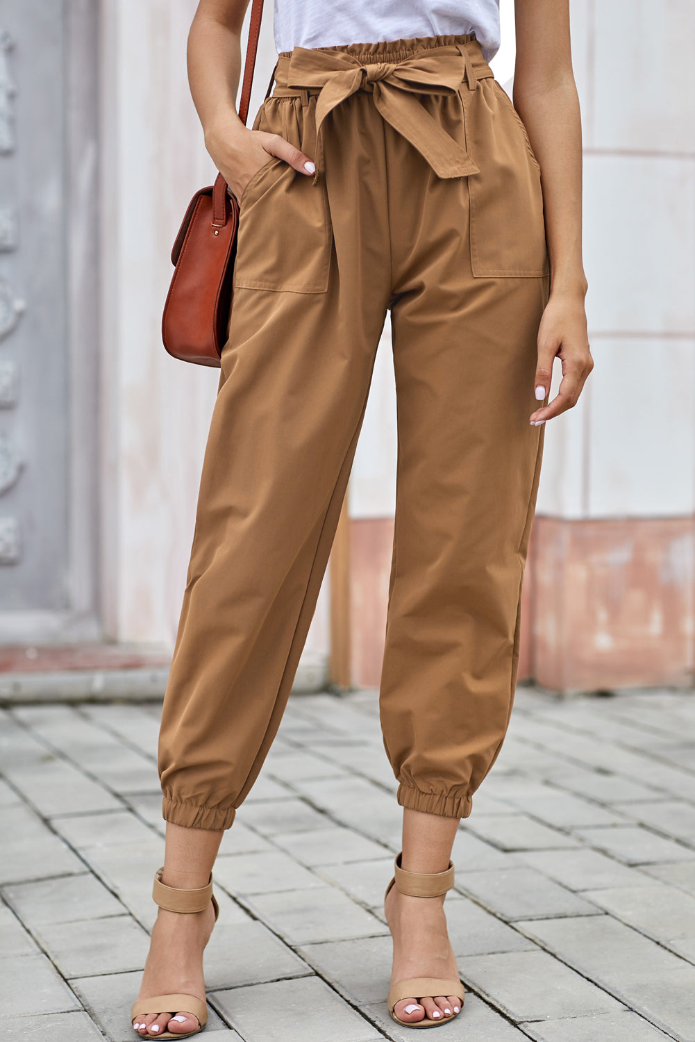 Brown Belted Casual Pocketed Pants