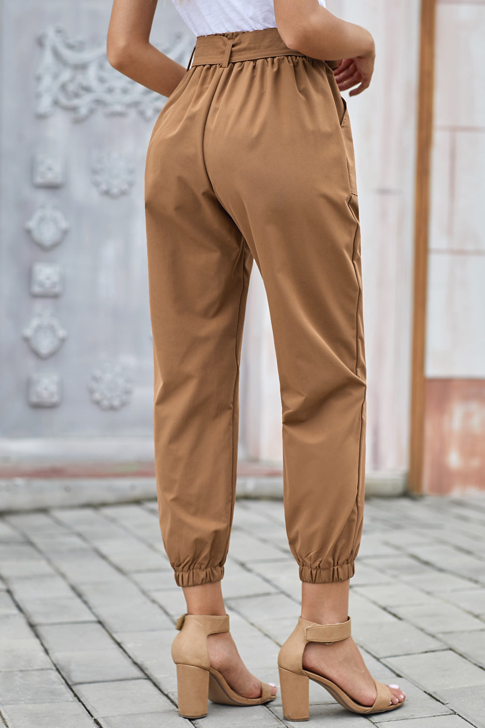 Brown Belted Casual Pocketed Pants