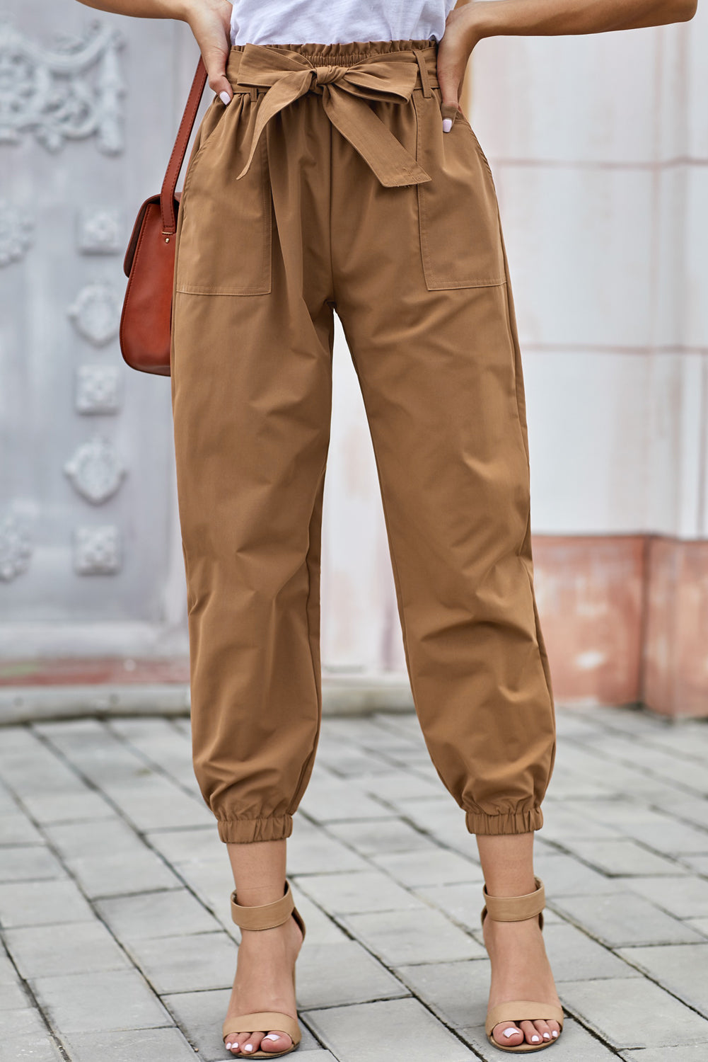 Brown Belted Casual Pocketed Pants