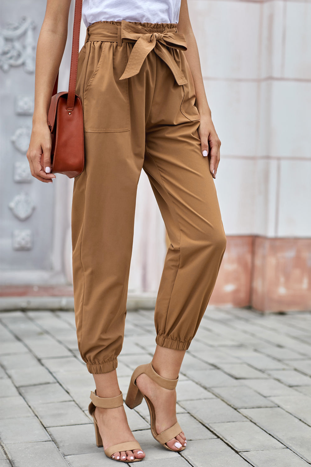 Brown Belted Casual Pocketed Pants