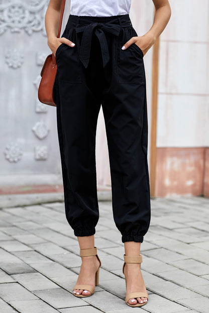 Belted Casual Pocketed Pants-Black