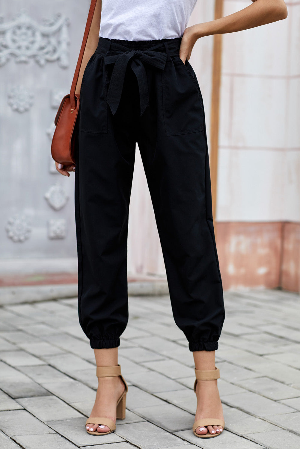 Belted Casual Pocketed Pants-Black