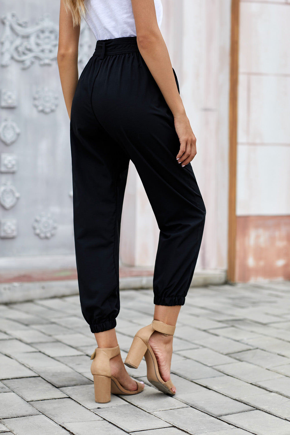 Belted Casual Pocketed Pants-Black