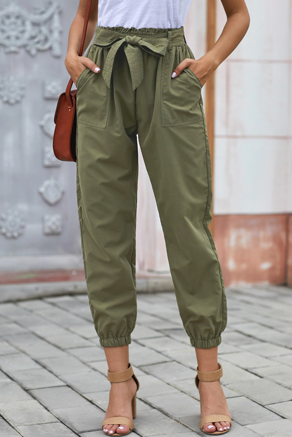 Green Belted Casual Pocketed Pants