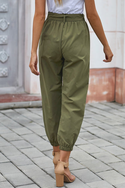 Green Belted Casual Pocketed Pants