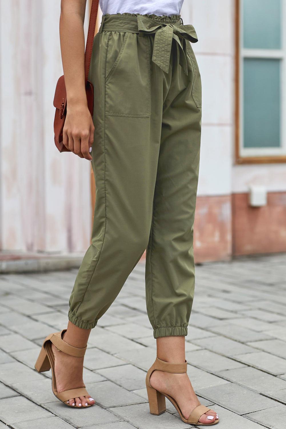 Green Belted Casual Pocketed Pants