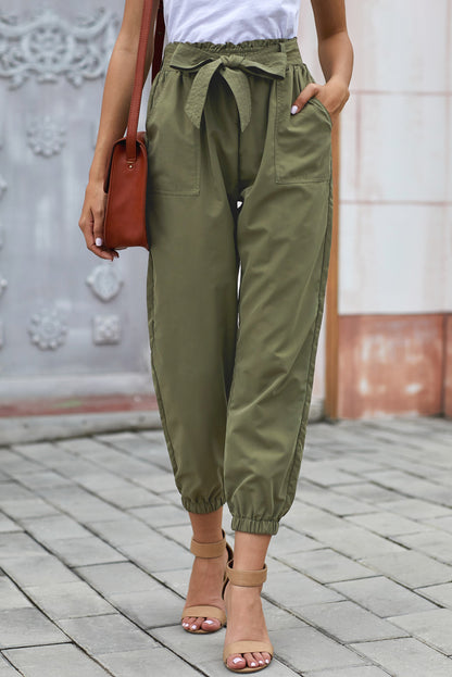 Green Belted Casual Pocketed Pants