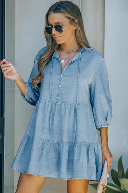 Drawstring Puff Sleeve Denim Mini Dress