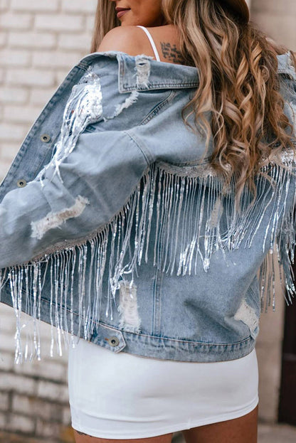 Sequins Fringe Distressed Denim Jacket