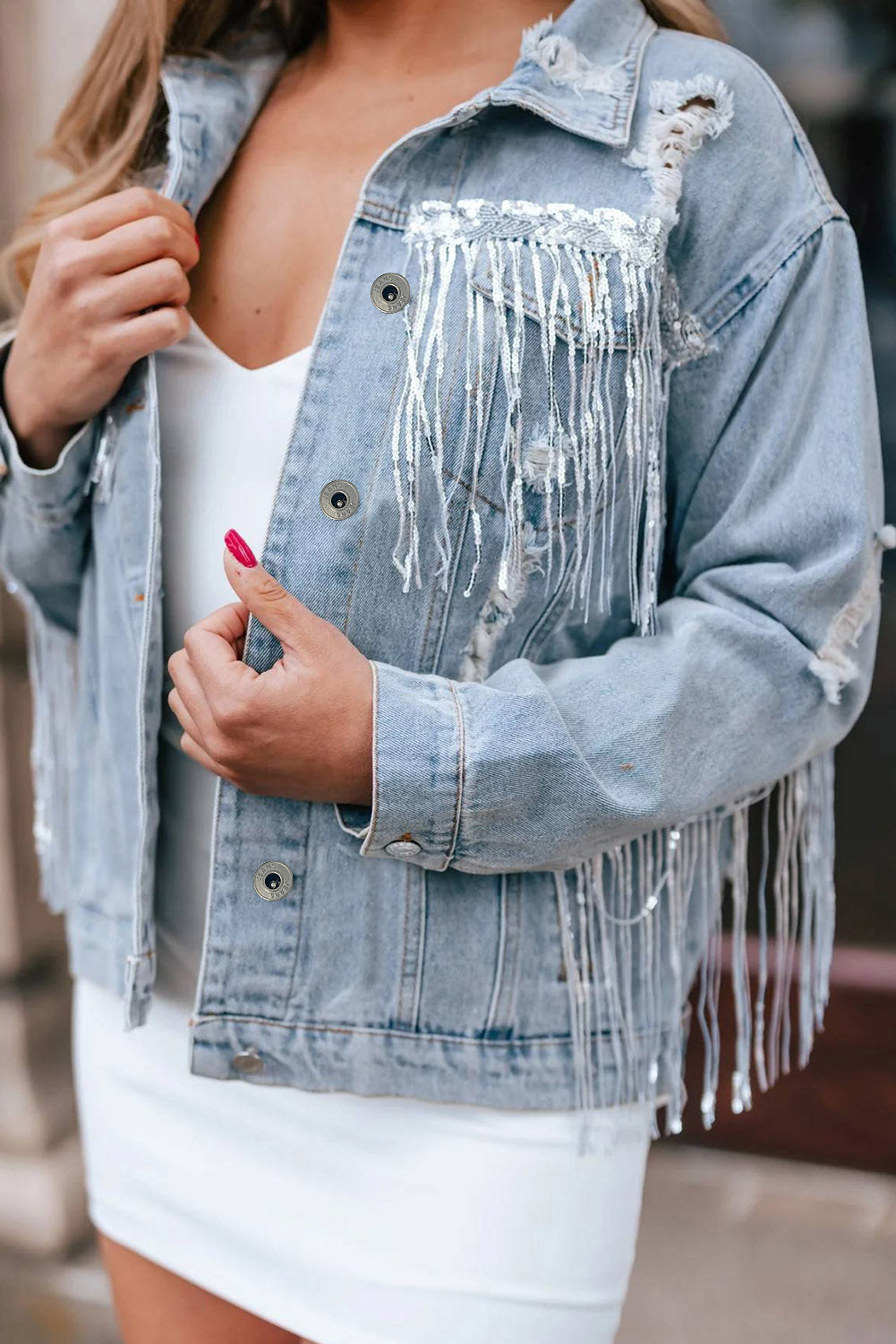 Sequins Fringe Distressed Denim Jacket