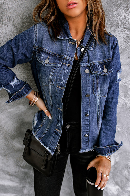 Distressed Raw Hem Buttons Denim Jacket