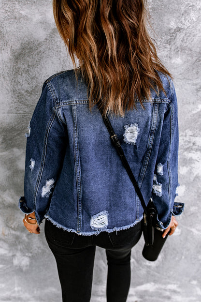 Distressed Raw Hem Buttons Denim Jacket