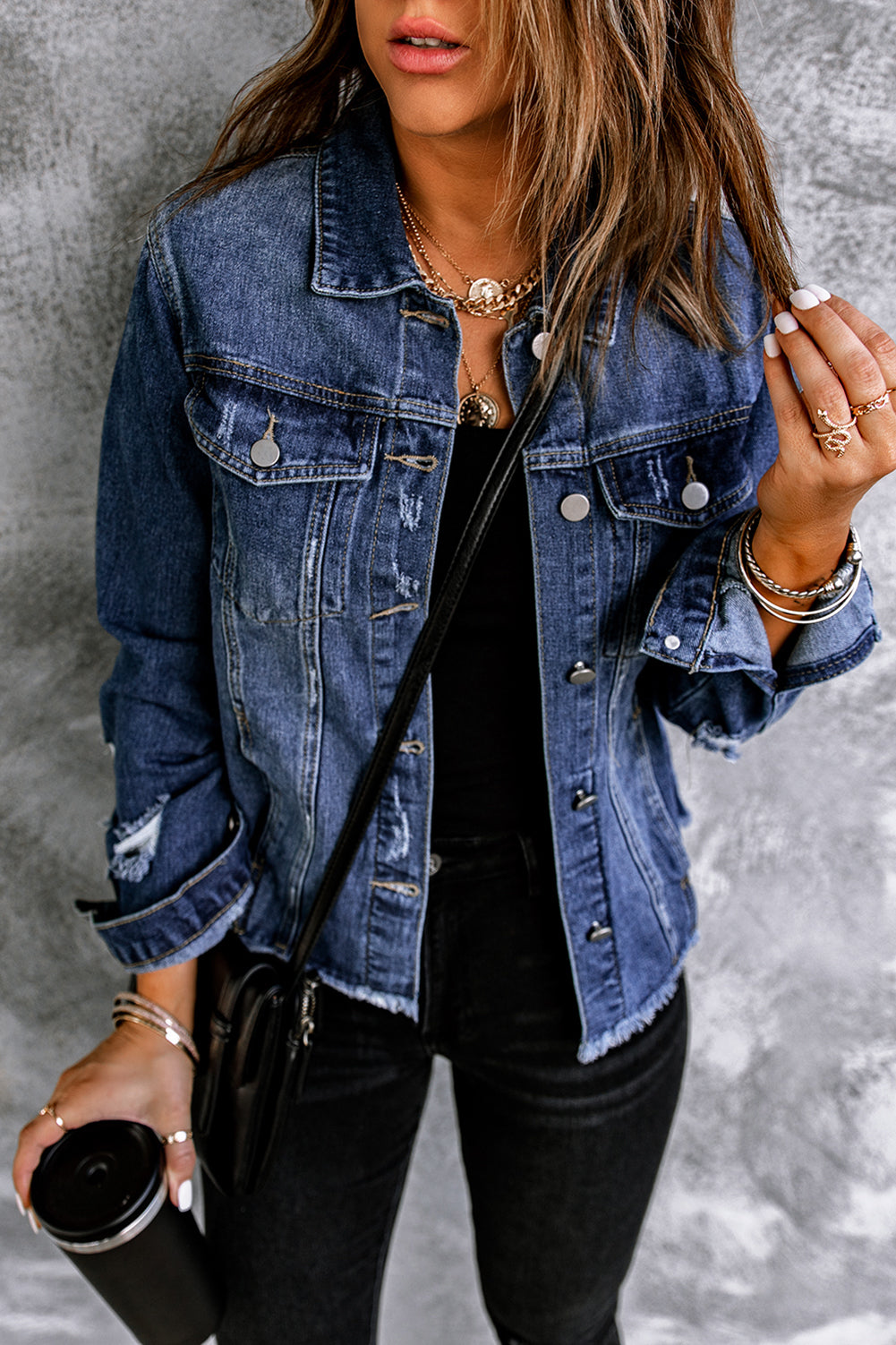 Distressed Raw Hem Buttons Denim Jacket