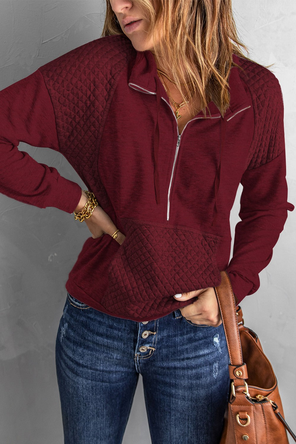 Burgundy Quilted Patch Half Zipper Sweatshirt