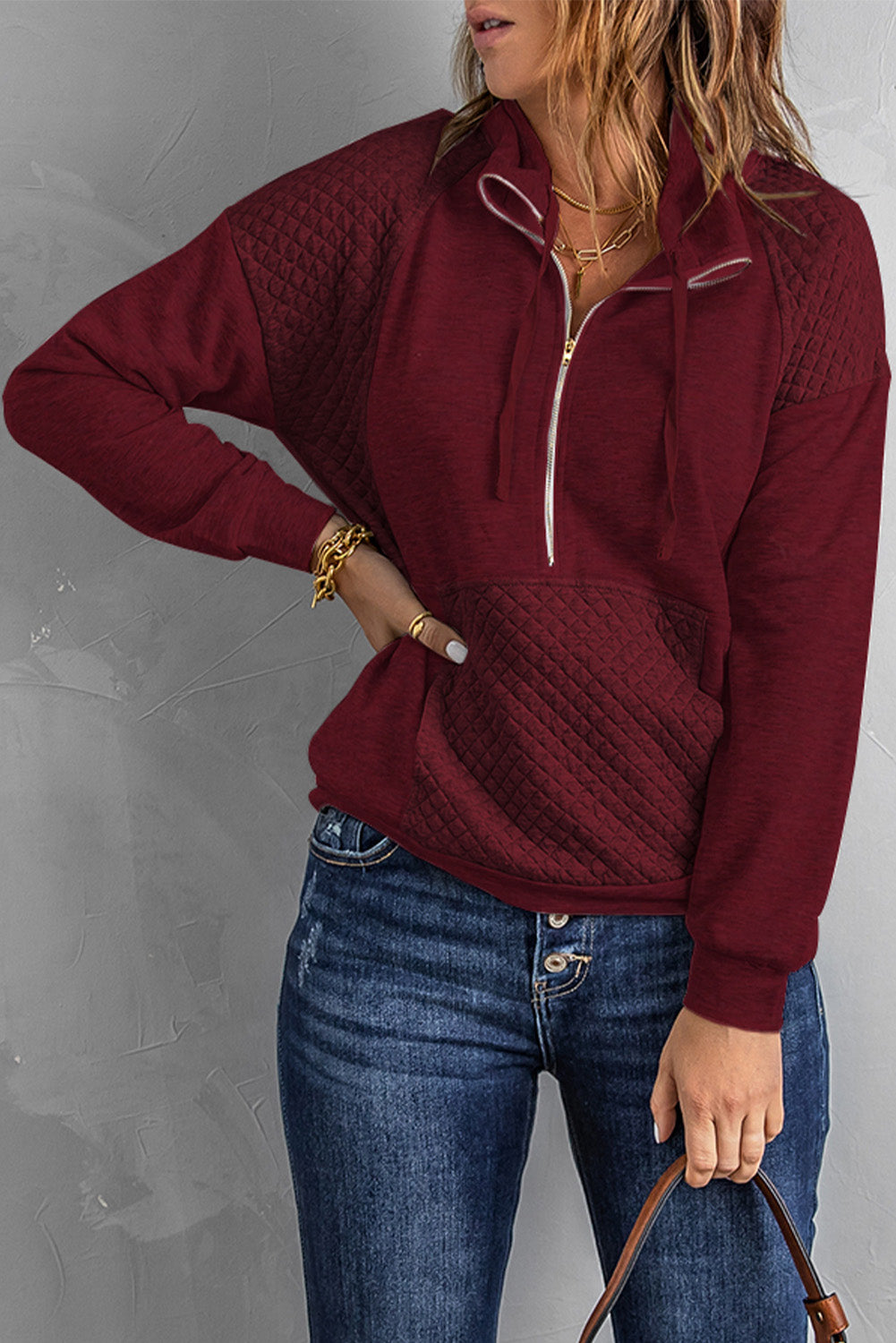 Burgundy Quilted Patch Half Zipper Sweatshirt