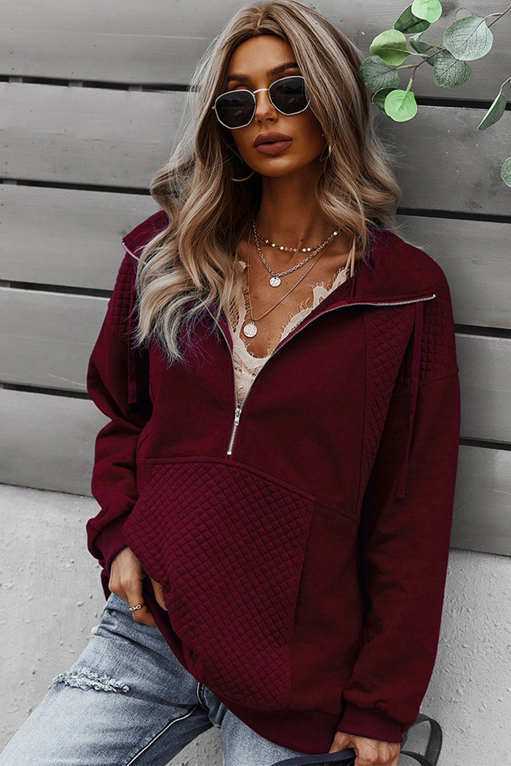 Burgundy Quilted Patch Half Zipper Sweatshirt