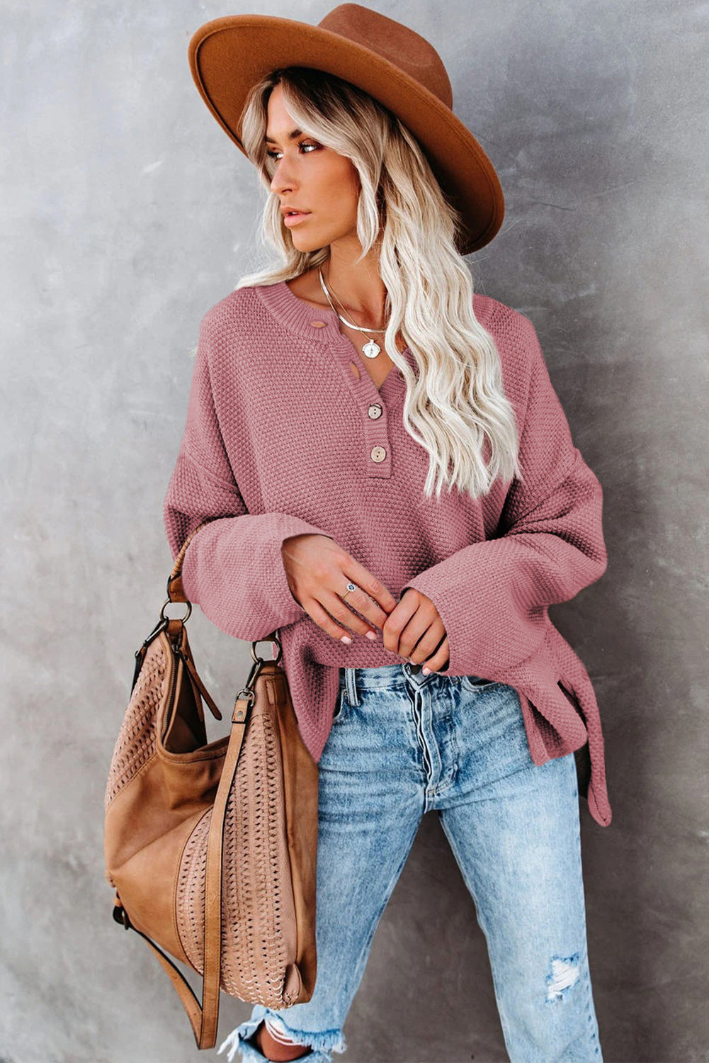 Pink Henley Pullover Drop Shoulder Sweater