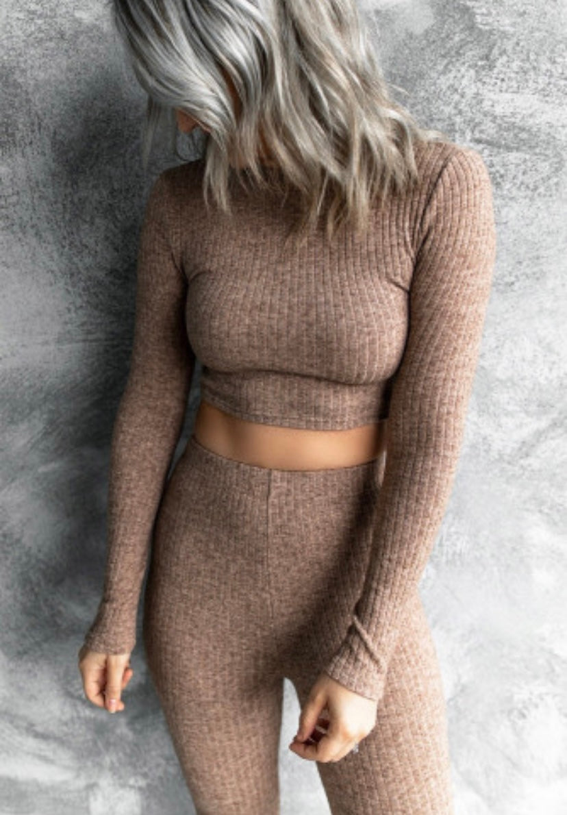 Ribbed Knit Crop Top and Pants Two Piece Set