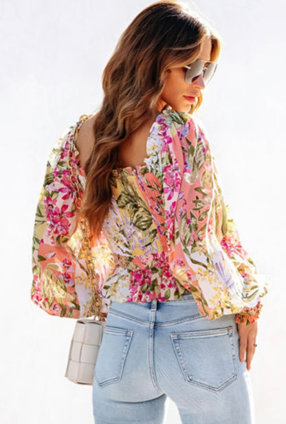 Smocked Floral Square Neck Blouse