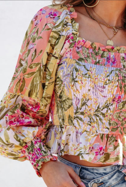 Smocked Floral Square Neck Blouse