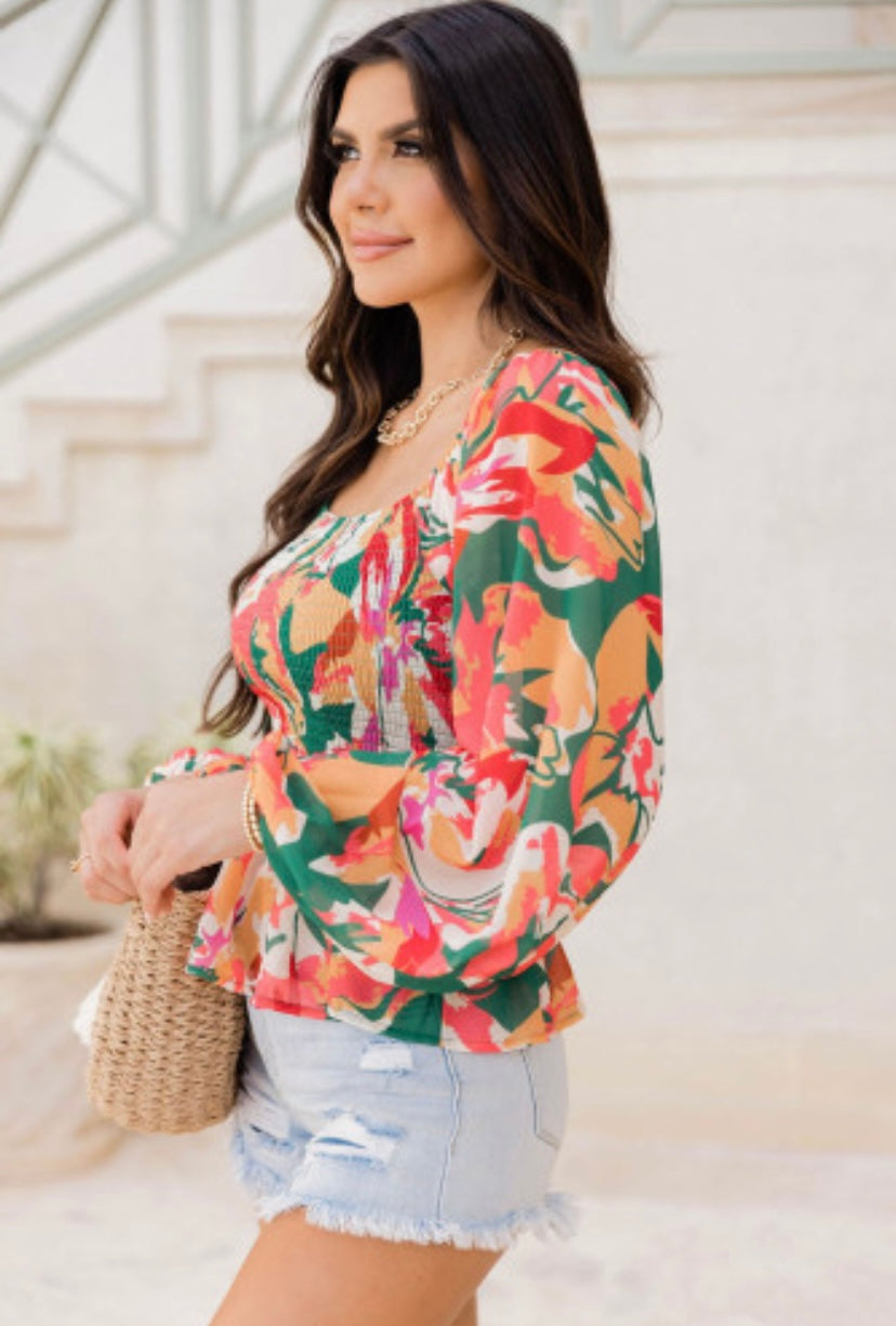 Abstract Floral Long Sleeve Peplum