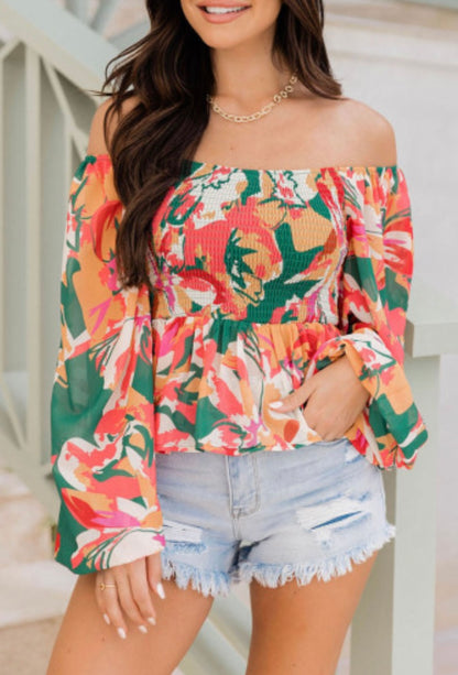 Abstract Floral Long Sleeve Peplum