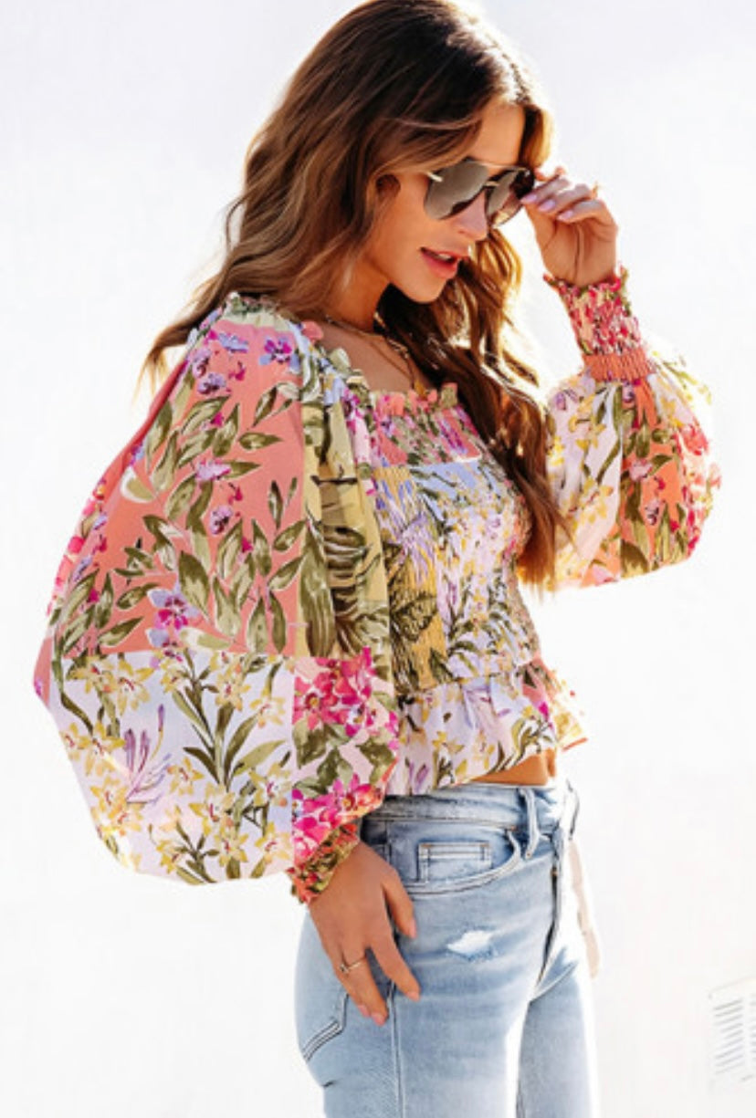 Smocked Floral Square Neck Blouse