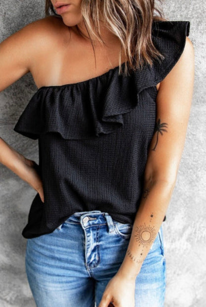 Ruffle One Shoulder Crinkle Tank