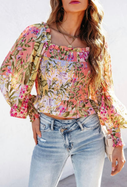 Smocked Floral Square Neck Blouse